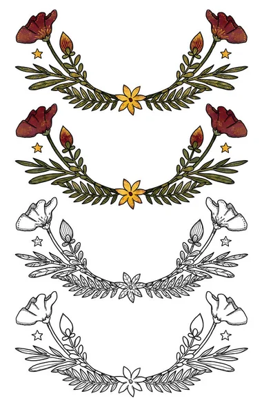 Boho Květiny Půlkruhové Rámy Ručně Kreslené Barevné Čárový Výtvarný Set — Stock fotografie