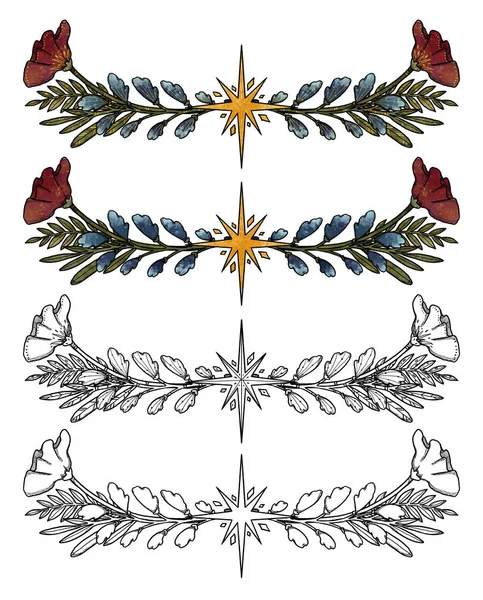 ブーホーは半円形のフレームを咲かせている 手描きのカラーとラインアートセット 花のイラスト ヴィンテージ要素 ウィッカンと異教の芸術 装飾的な性質 白に隔離される — ストック写真