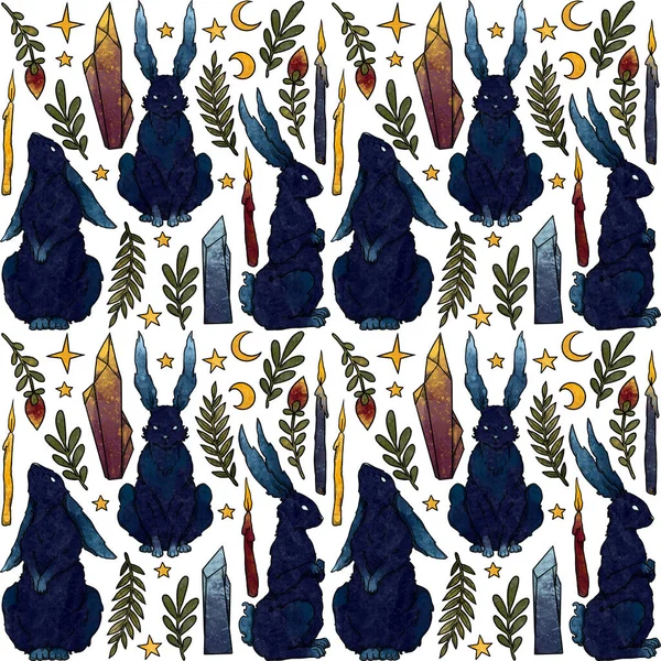 Dekorativní Barevné Bezešvé Králičí Vzory Ručně Kreslené Přírodní Duchovní Prvky — Stock fotografie