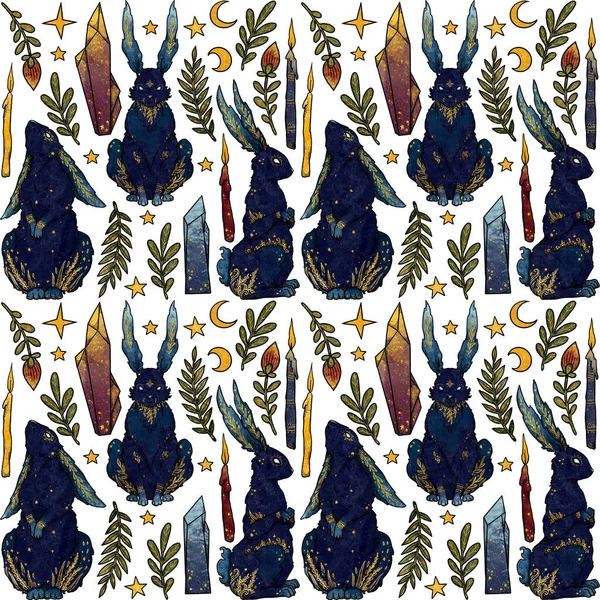 Dekorative Nahtlose Hasenmuster Blaue Farbe Und Golddesign Handgezeichnete Natürliche Und — Stockfoto