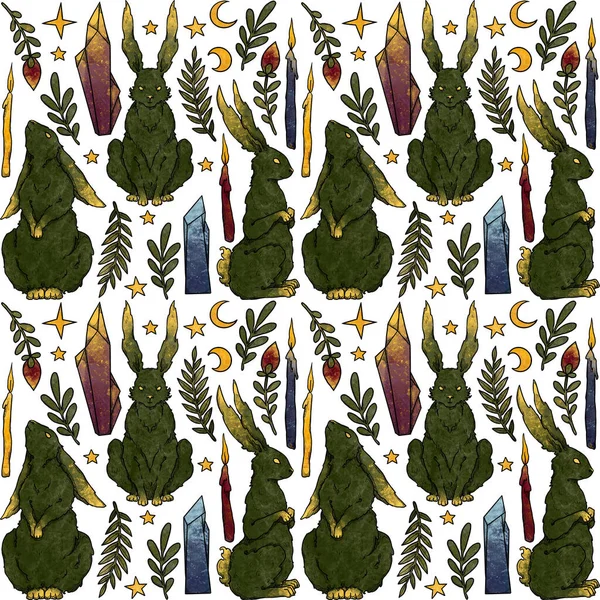Dekorativní Barevné Bezešvé Králičí Vzory Ručně Kreslené Přírodní Duchovní Prvky — Stock fotografie