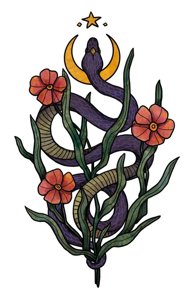 Hand Drawn Boho Snake Illustration Colored Art Floral Composition Vintage — Stock Photo, Image