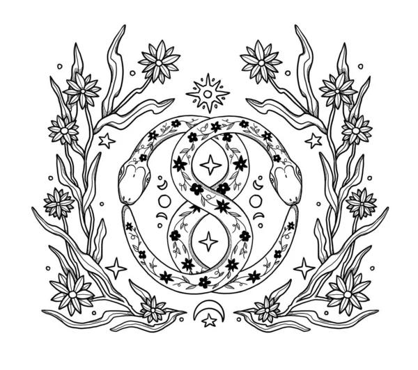 Χειροποίητη Εικόνα Φιδιού Boho Διακοσμητική Απεικόνιση Ασπρόμαυρο Σύνθεση Λουλουδιού Παλιό — Φωτογραφία Αρχείου