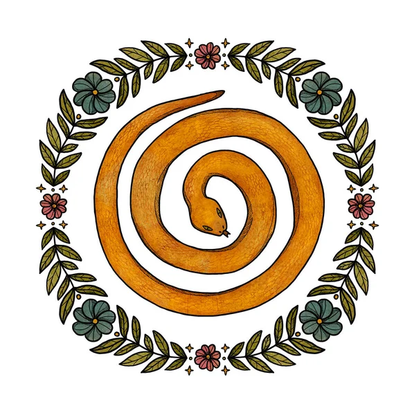 Ilustração Serpente Boho Desenhada Mão Arte Colorida Composição Floral Elemento — Fotografia de Stock
