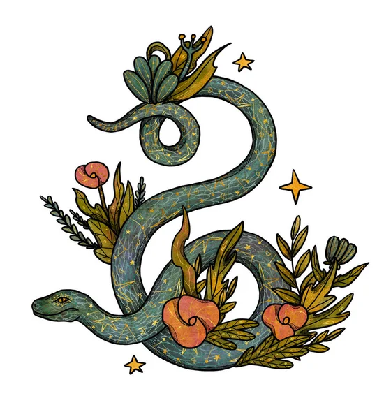 Hand Drawn Boho Snake Illustration Color Gold Floral Composition Vintage — Stock Photo, Image