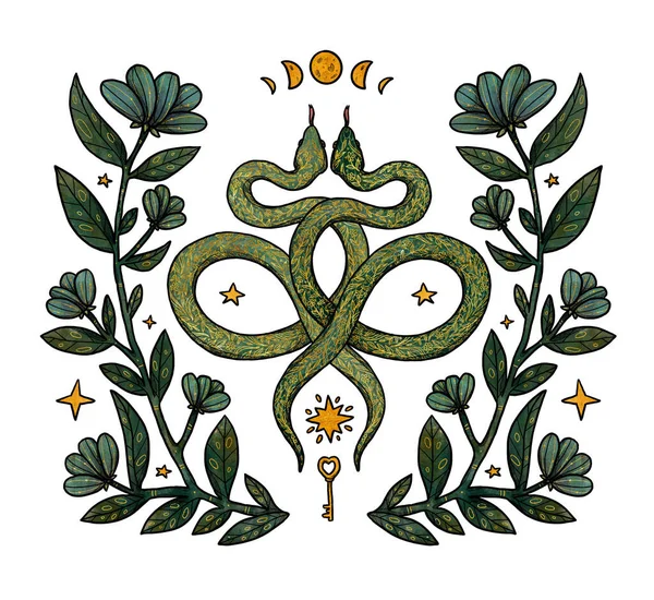 Illustration Serpent Boho Dessinée Main Couleur Composition Florale Elément Vintage — Photo