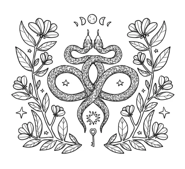 Hand Drawn Boho Snake Illustration Decorative Illustration Black White Floral — Stock Photo, Image