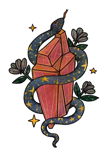 Ручная Иллюстрация Змеями Цвет Золото Цветочный Состав Винтажный Элемент Викканское — стоковое фото
