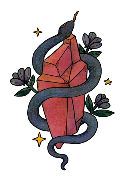 Ручная Иллюстрация Змеями Цветное Искусство Цветочный Состав Винтажный Элемент Викканское — стоковое фото