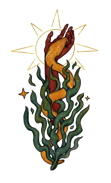 Ilustración Serpiente Boho Dibujada Mano Color Oro Composición Floral Elemento —  Fotos de Stock