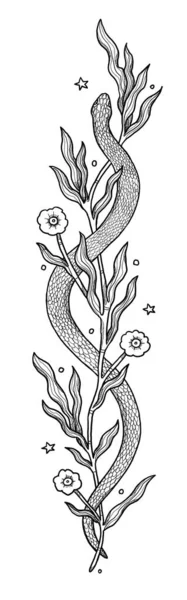 Handgezeichnete Boho Schlangenillustration Dekorative Illustration Schwarz Weiß Florale Komposition Vintage — Stockfoto