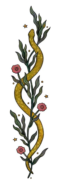 Çizimi Boho Yılan Çizimi Renk Altın Çiçek Kompozisyonu Vintage Elementi — Stok fotoğraf