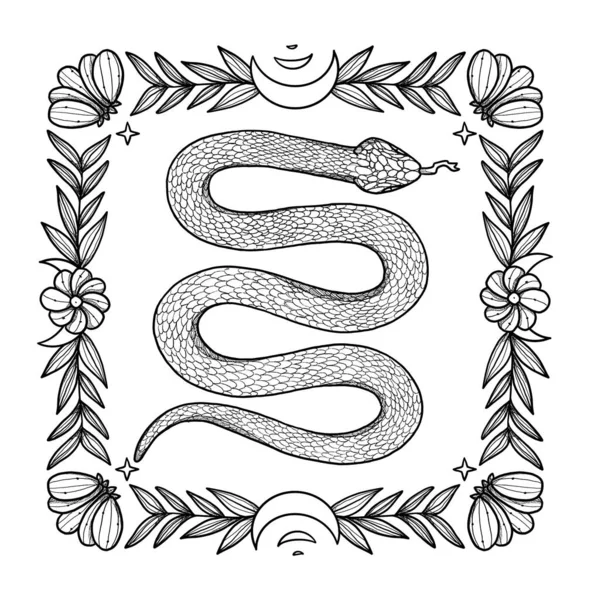 Handgetekende Boho Slang Illustratie Decoratieve Illustratie Zwart Wit Bloemsamenstelling Vintage — Stockfoto