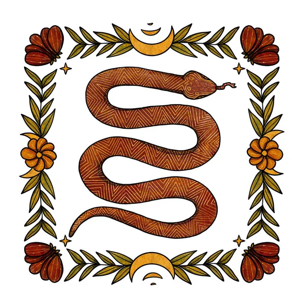 Ręcznie Rysowana Ilustracja Węża Boho Kolor Złoto Kompozycja Kwiatowa Element — Zdjęcie stockowe