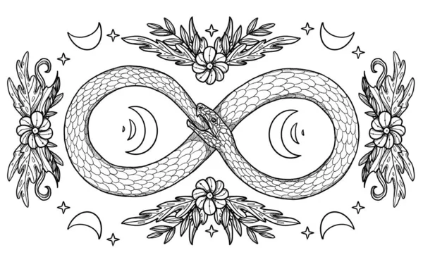 手工绘制的Boho蛇图解 装饰插图 黑人和白人 花的构图 复古元素 巫术和异教艺术 装饰的性质 与白种人隔离 — 图库照片