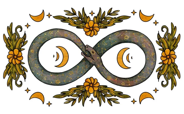 Hand-drawn boho snake illustration. Color and gold. Floral composition. Vintage element. Wiccan and pagan art. Decorative nature. Isolated on white
