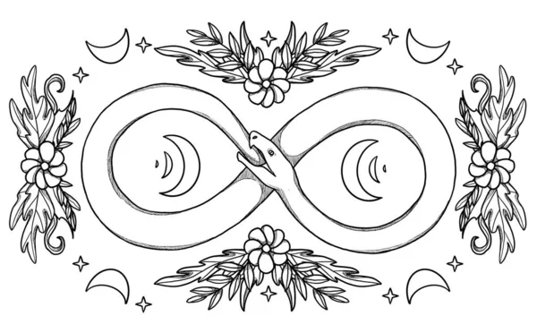 Ręcznie Rysowana Ilustracja Węża Boho Ilustracja Dekoracyjna Czarno Białym Kompozycja — Zdjęcie stockowe