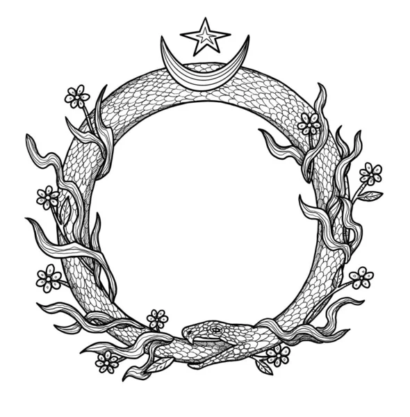 Ілюстрація Ручної Мальованої Змії Декоративна Ілюстрація Чорно Білий Квіткова Композиція — стокове фото