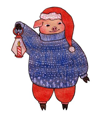 El çizimi mürekkep ve renkli kalemler. El feneriyle domuz resmi. Kitap illüstrasyonu için sevimli hayvan, kartpostal için parmak izi. 2019 'un sembolü. Yeni Yıl baskısı