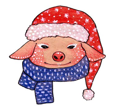 El çizimi mürekkep ve renkli kalemler domuz portresinin Noel çizimi. Kitap illüstrasyonu için sevimli hayvan, kartpostal için parmak izi. 2019 yılının sembolü.