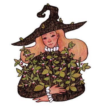 Hand drawn ink and colored pencils  Witch of raspberry. Cute illustration for book, postcards, etc. Halloween character design  clipart