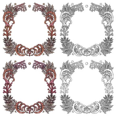 Boho kare çerçeveler yosunluyor. Elle boyanmış ve çizilmiş sanat seti. Yosun çizimleri. Vintage elementi. Wiccan ve pagan sanatı. Dekoratif bir doğa. Beyazda izole edilmiş