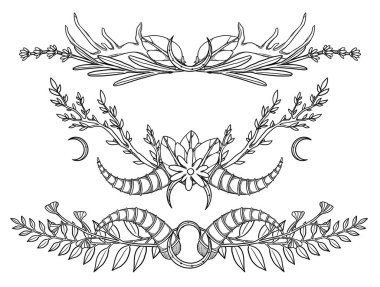 Çiçek çerçeveleri. El yapımı botanik seti. Çizgi sanatı. Çiçek kompozisyonu. Vintage elementi. Wiccan ve pagan sanatı. Dekoratif bir doğa. Beyazda izole edilmiş