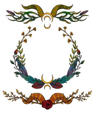 Çiçek çerçeveleri. El yapımı botanik kompozisyonlar. Renkli. Vintage elementi. Wiccan ve pagan sanatı. Dekoratif bir doğa. Beyazda izole edilmiş