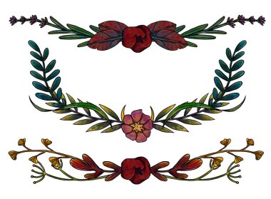 Çiçek çerçeveleri. El yapımı botanik kompozisyonlar. Renkli. Vintage elementi. Wiccan ve pagan sanatı. Dekoratif bir doğa. Beyazda izole edilmiş