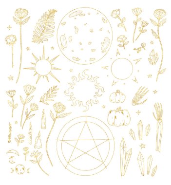 Dekoratif sihirli elementler seti. Boho ve vintage koleksiyonu. Altın dekoratif çizgi sanatı. Gökyüzü seti. Wiccan ve pagan sanatı. Dekoratif bir doğa. Beyazda izole edilmiş