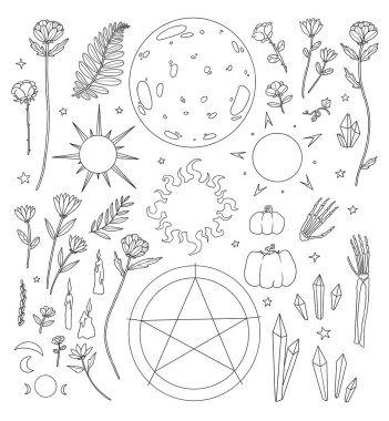 Dekoratif sihirli elementler seti. Boho ve vintage koleksiyonu. Çizgi sanatı. Gökyüzü seti. Wiccan ve pagan sanatı. Dekoratif bir doğa. Beyazda izole edilmiş