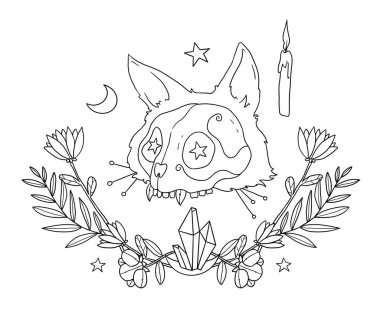 Cadıların Tanıdık Kompozisyonu. Gizemli kedi. Çizgi sanatı çizimleri. Boho ve vintage koleksiyonu. Wiccan ve pagan sanatı. Dekoratif bir doğa. Beyazda izole edilmiş