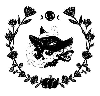 Cadıların Tanıdık Kompozisyonu. Gizemli tilki. Dekoratif siluet. Boho ve vintage koleksiyonu. Wiccan ve pagan sanatı. Dekoratif bir doğa. Beyazda izole edilmiş