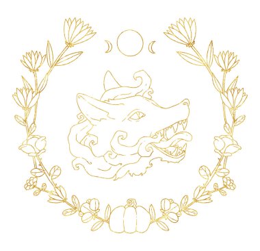 Cadıların Tanıdık Kompozisyonu. Gizemli tilki. Dekoratif altın çizgili sanat. Boho ve vintage koleksiyonu. Wiccan ve pagan sanatı. Dekoratif bir doğa. Beyazda izole edilmiş