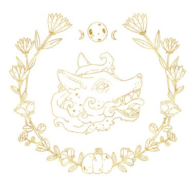 Cadıların Tanıdık Kompozisyonu. Gizemli tilki. Dekoratif altın çizgili sanat. Boho ve vintage koleksiyonu. Wiccan ve pagan sanatı. Dekoratif bir doğa. Beyazda izole edilmiş