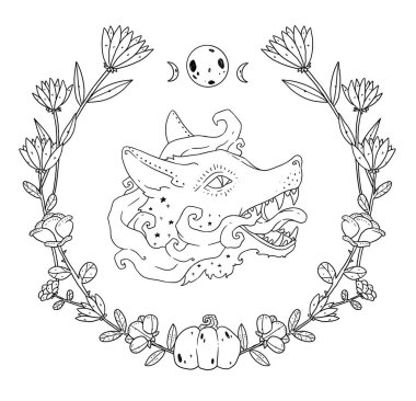 Cadıların Tanıdık Kompozisyonu. Gizemli tilki. Dekoratif çizim çizimleri. Boho ve vintage koleksiyonu. Wiccan ve pagan sanatı. Dekoratif bir doğa. Beyazda izole edilmiş