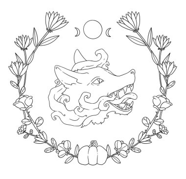 Cadıların Tanıdık Kompozisyonu. Gizemli tilki. Dekoratif çizim çizimleri. Boho ve vintage koleksiyonu. Wiccan ve pagan sanatı. Dekoratif bir doğa. Beyazda izole edilmiş