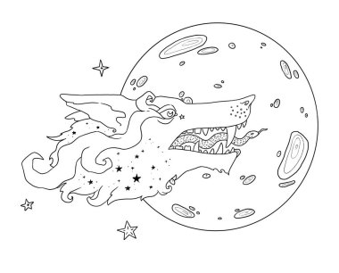 Cadıların Tanıdık Kompozisyonu. Gizemli kurt. Çizgi sanatı çizimleri. Boho ve vintage koleksiyonu. Wiccan ve pagan sanatı. Dekoratif bir doğa. Beyazda izole edilmiş