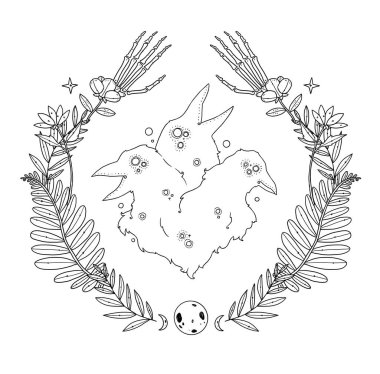 Cadıların Tanıdık Kompozisyonu. Gizemli kuzgun. Çizgi sanatı çizimleri. Boho ve vintage koleksiyonu. Wiccan ve pagan sanatı. Dekoratif bir doğa. Beyazda izole edilmiş