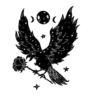 Cadıların Tanıdık Kompozisyonu. Gizemli kuzgun. Dekoratif siluet. Boho ve vintage koleksiyonu. Wiccan ve pagan sanatı. Dekoratif bir doğa. Beyazda izole edilmiş