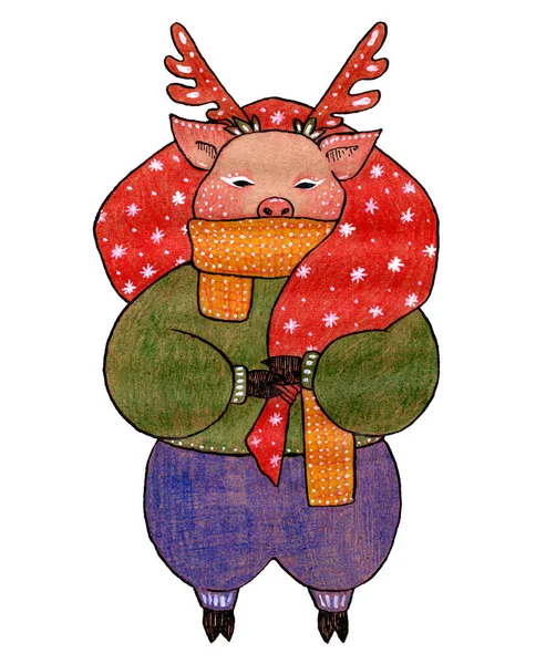 Ręcznie Rysowane Atrament Kolorowe Ołówki Christmas Ilustracja Świni Workiem Prezentów — Zdjęcie stockowe