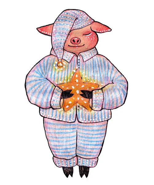 Ręcznie Rysowany Tusz Kolorowe Ołówki Świąteczna Ilustracja Świni Piżamie Słodkie — Zdjęcie stockowe
