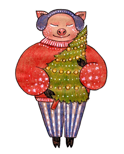 Ręcznie Rysowany Tusz Kolorowe Ołówki Boże Narodzenie Ilustracja Świni Choinką — Zdjęcie stockowe