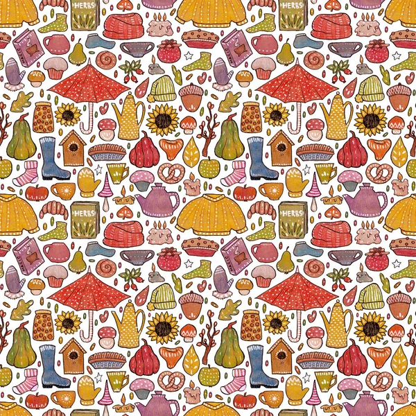 Ручные Чернила Цветные Карандаши Осенний Рисунок Швов Симпатичные Элементы Дизайна — стоковое фото