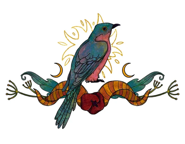 Boho Aves Ilustração Cuco Desenhado Mão Colorido Composição Floral Elemento — Fotografia de Stock