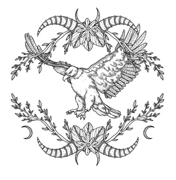 ブーフバードのイラスト 手描きの鷲 ラインアート フローラルコンポジション ヴィンテージ要素 ウィッカンと異教の芸術 装飾的な性質 白に隔離される — ストック写真