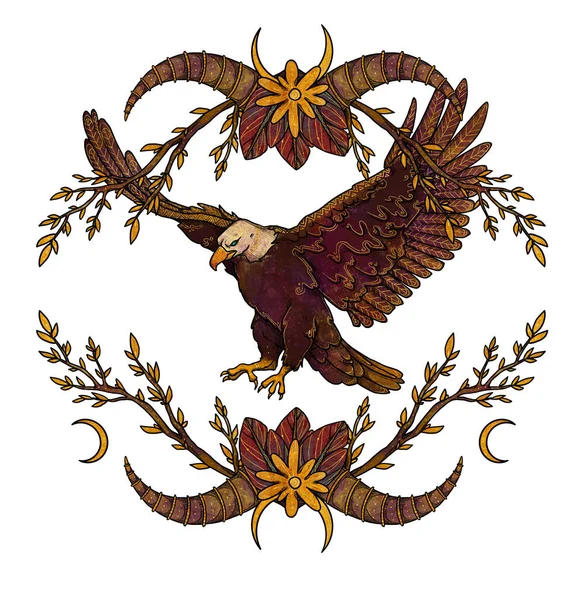 Boho鸟的例子 手绘鹰 着色了花的构图 复古元素 巫术和异教艺术 装饰的性质 与白种人隔离 — 图库照片
