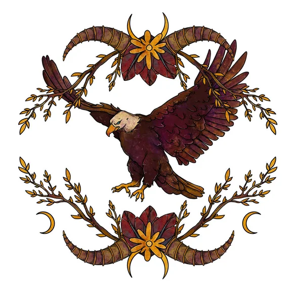 ブーフバードのイラスト 手描きの鷲 着色された フローラルコンポジション ヴィンテージ要素 ウィッカンと異教の芸術 装飾的な性質 白に隔離される — ストック写真