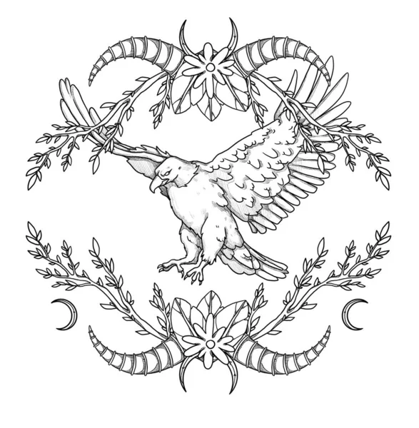 Ilustracja Ptaków Boho Ręcznie Narysowany Orzeł Sztuka Liniowa Kompozycja Kwiatowa — Zdjęcie stockowe