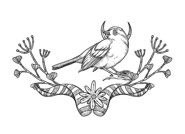 Εικονογράφηση Πουλιών Boho Χειροποίητο Σπουργίτι Γραμμική Τέχνη Σύνθεση Λουλουδιού Παλιό — Φωτογραφία Αρχείου
